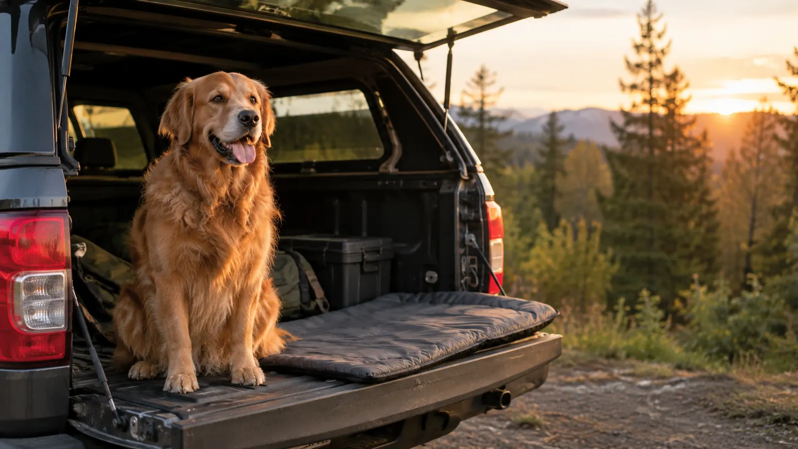 A dog sitting next to a rolled mat on the tailgate of a pickup truck, with a topper and trees behind
