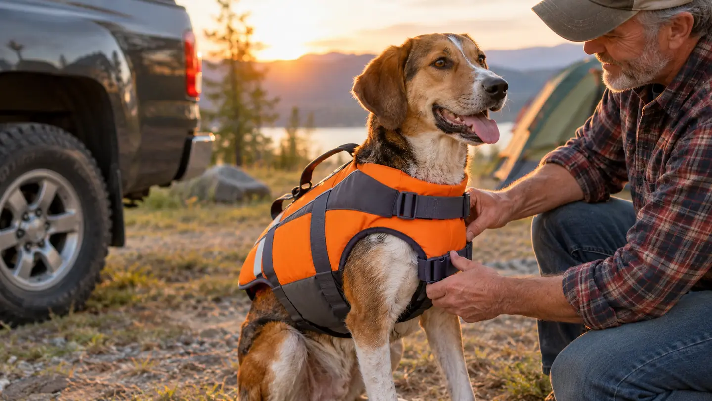 A hand adjusting the chest strap of an orange dog life jacket on a dog sitting beside a pickup truck