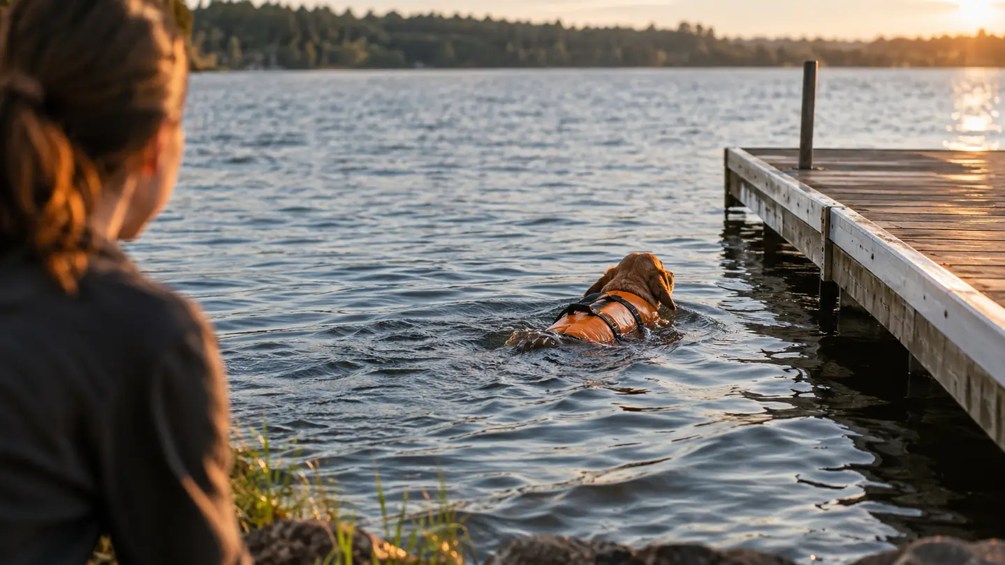 A dog in an orange life jacket swimming toward a floating dock while a person watches from the shore