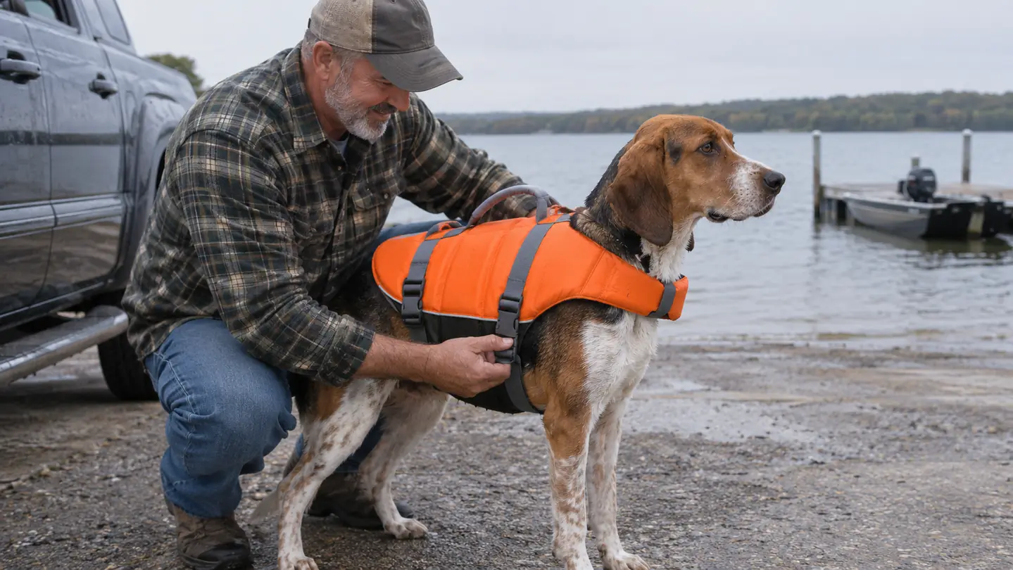 A person's hand adjusting the side straps of a life jacket on a dog standing next to a pickup truck at a boat ramp