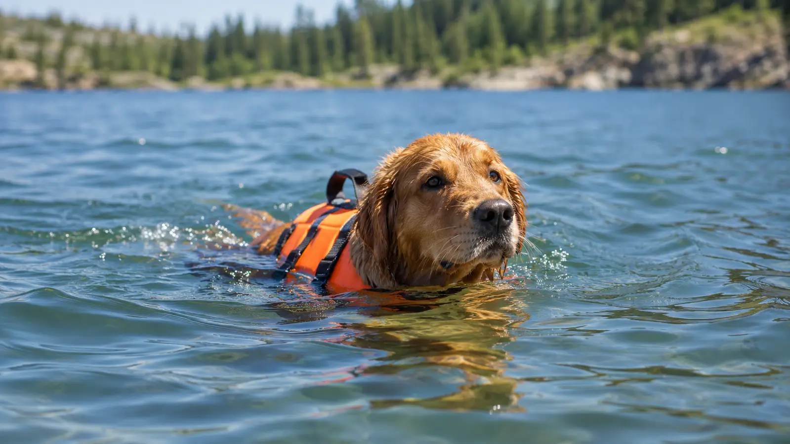 A dog swimming in a lake with its head held high above the water while wearing a life jacket
