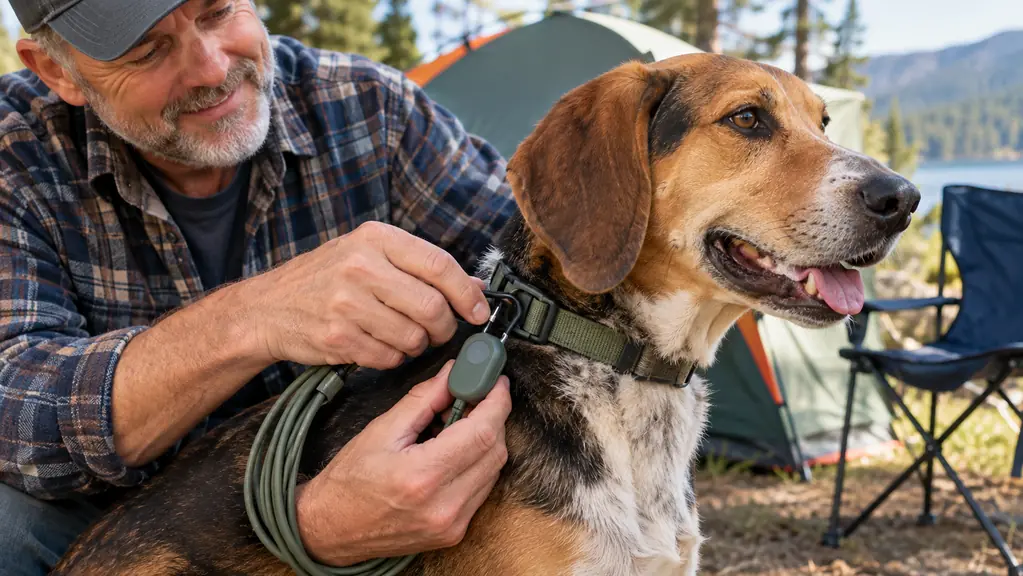 A hand clipping a tie-out cable to a dog's collar beside a tent at a campsite