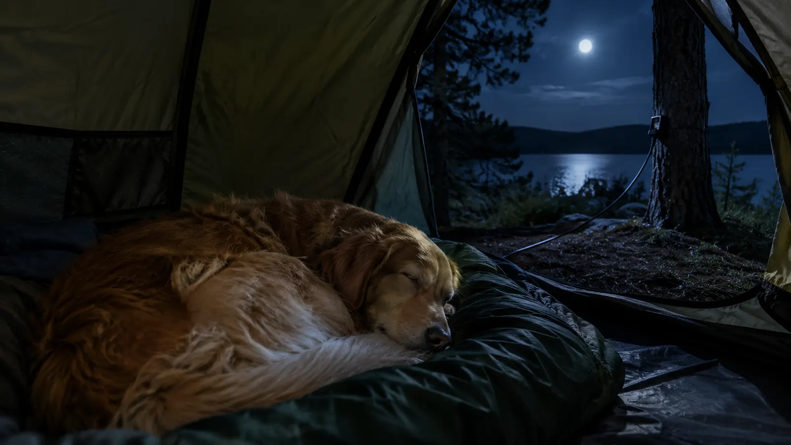 A dog sleeping curled up inside a tent at night, with a tie-out cable visible through the open tent flap