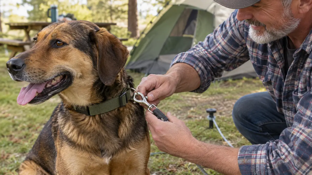 A hand clipping a swivel clasp from a tie-out cable onto a dog's collar at a campsite