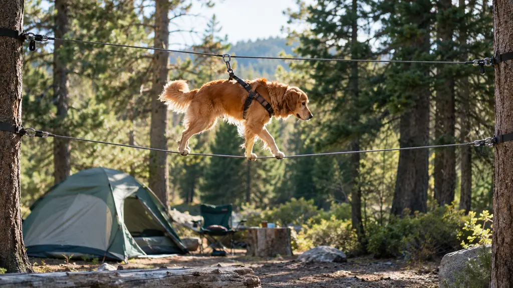 A dog trotting along a straight line between two trees at a campsite, cable visible at ground level